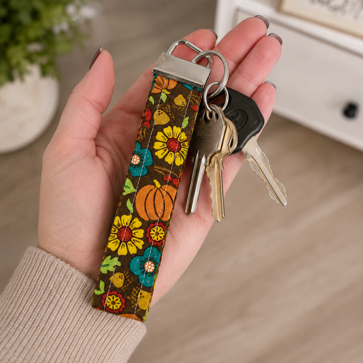 Keychain Wristlet, Fall Floral Pumpkin, Handmade Fabric Keychain, Cute and Trendy Accessories