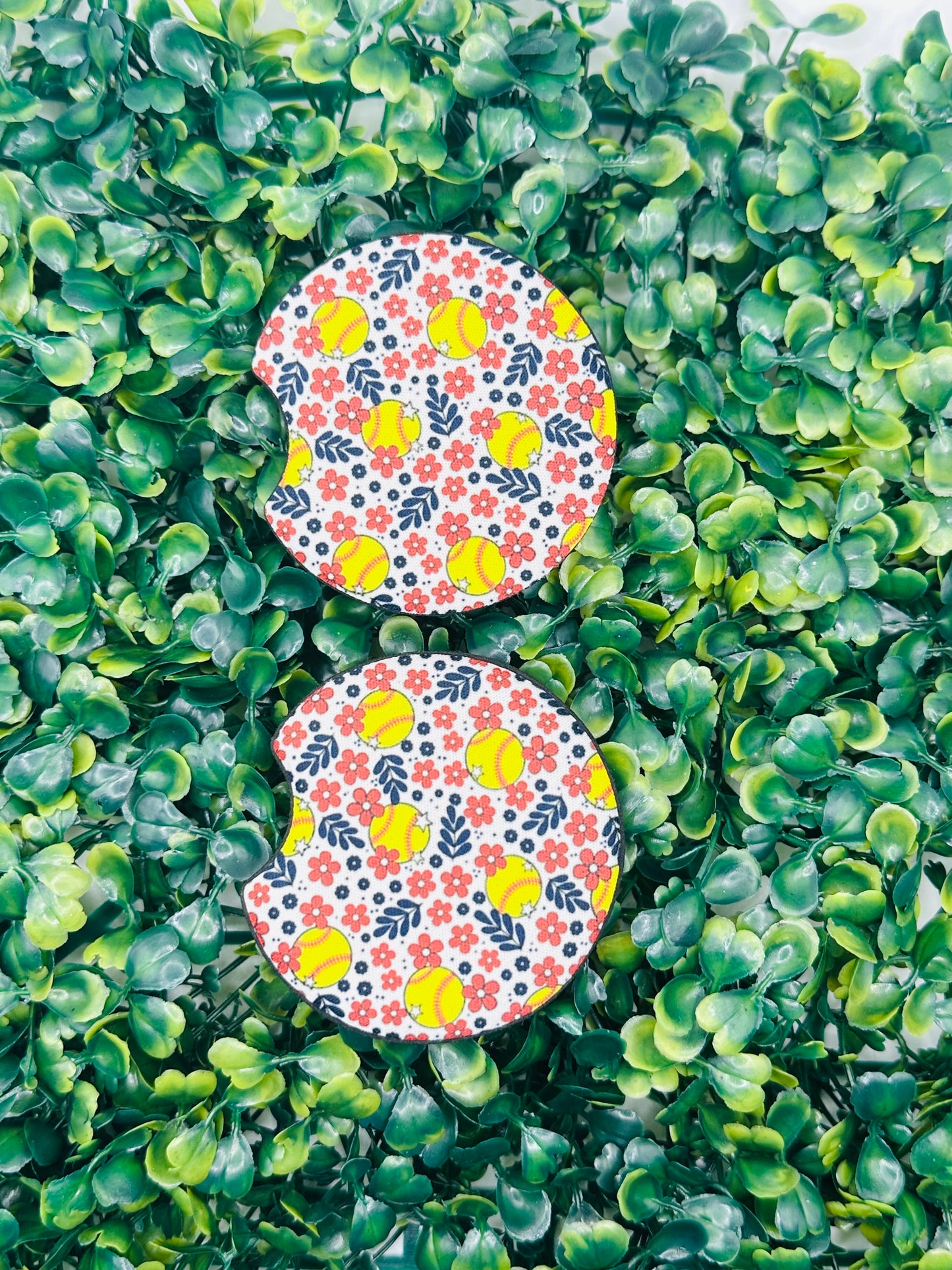 Floral Softball Car Coasters Set of 2 | Softball Mom Car Accessories | Neoprene Cup Holder Coasters | Cute Car Decor Gift
