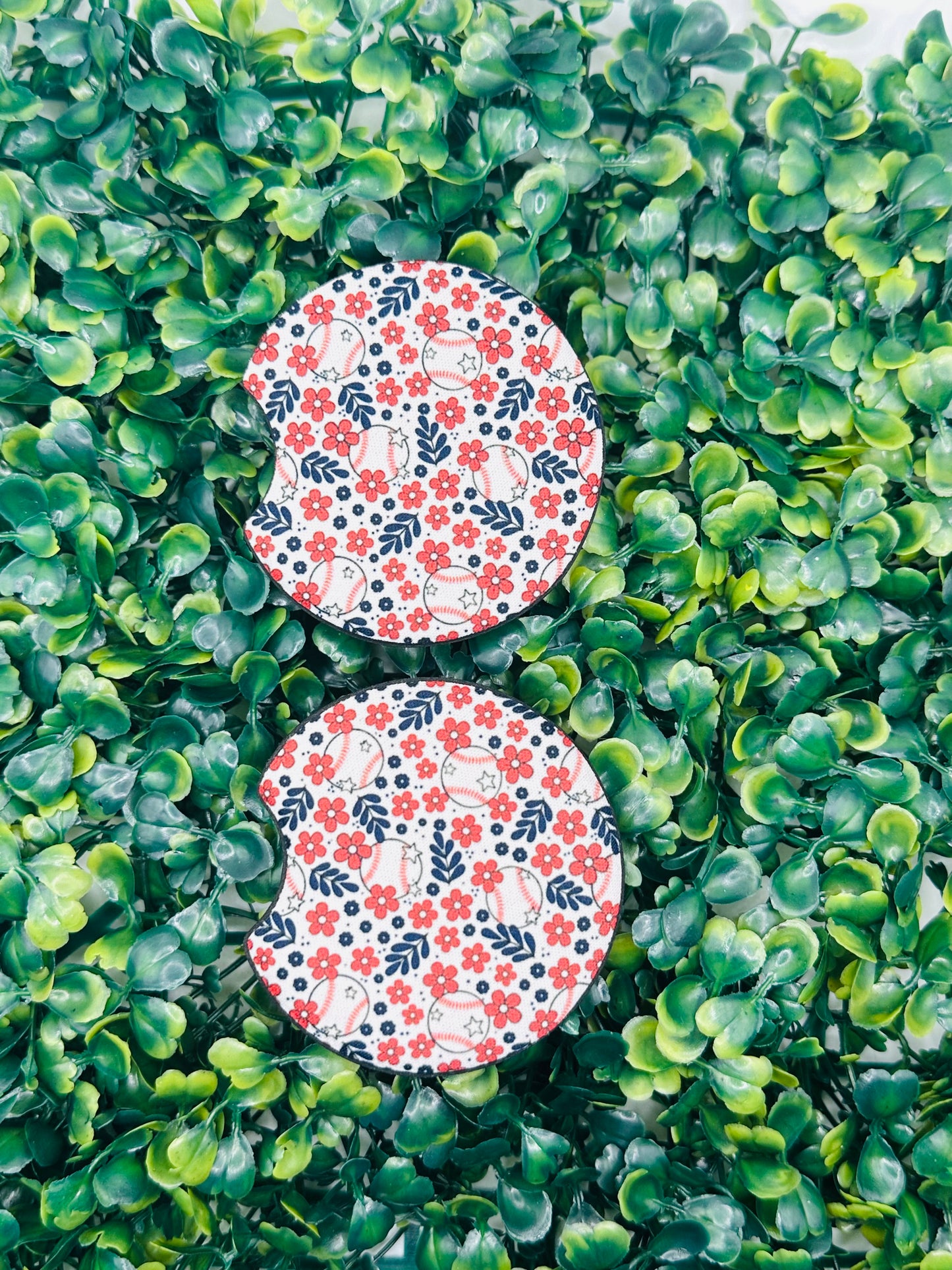 Floral Baseball Car Coasters | Baseball Mom Car Accessories | Softball Cup Holder Coasters | Cute Sports Car Decor Set of 2 | Neoprene Car Coasters
