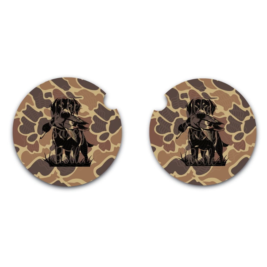 Old School Brown Camo Lab Duck Car Coasters, Set of Two, Car Cup Holder