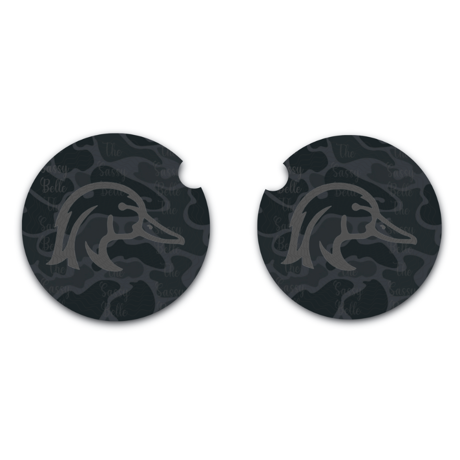 Black Old School Camo Wood Duck Car Coasters, Set of Two, Car Cup Holder, Soft and Flexible Neoprene Car Coasters, Auto Accessories, 2.75 Inches In Diameter