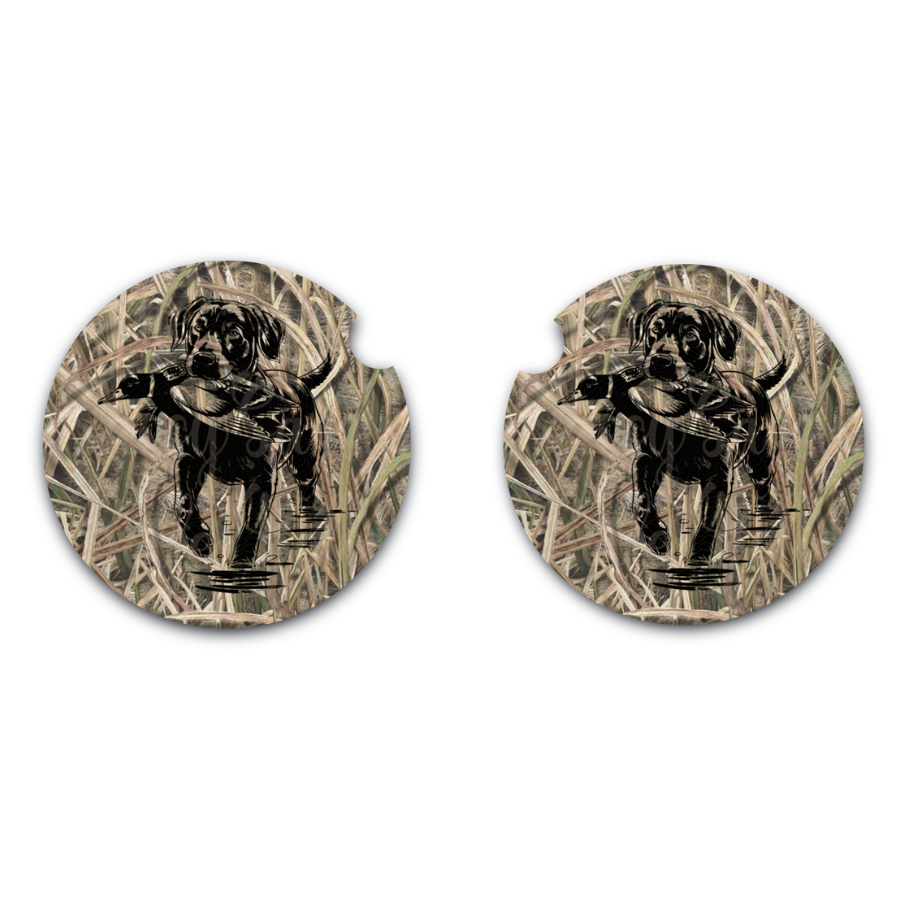 Retriever with Duck Shadow Grass Car Coaster, Neoprene Car Coasters Set of Two, Interior Auto Decor, Duck Hunting Gift, Outdoor Themed Auto Accessories