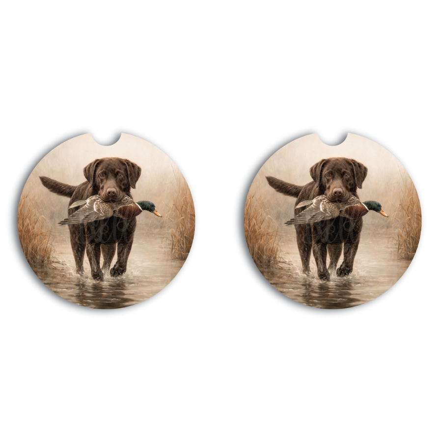 Chocolate Lab Duck Hunting Car Coasters, Soft and Flexible Neoprene Coasters, Interior Auto Accessories, Duck Hunter Gift