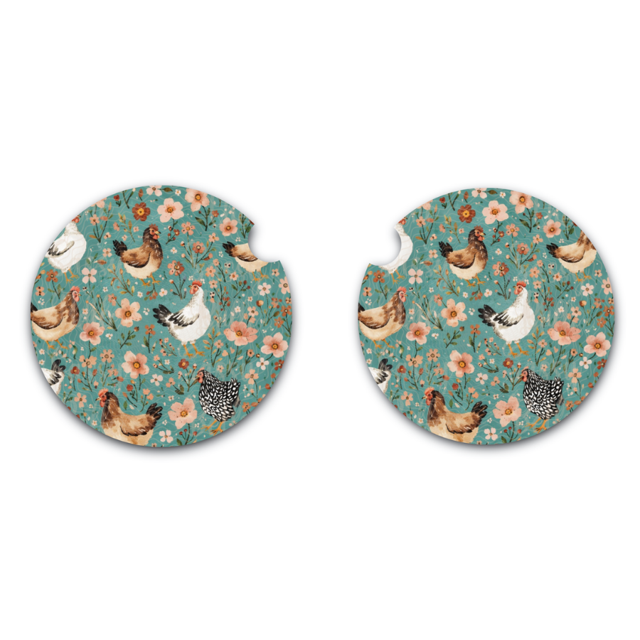 Chicken Car Coasters Set of Two, Floral Hens Car Cup Holder, Blue Turquoise Car Cup Inserts, Farm Chick Style, Interior Auto Accessories, Soft Neoprene Car Coasters