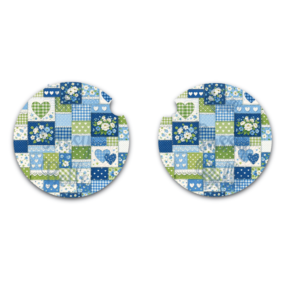 Blue and Green Patchwork Floral Car Coasters, Neoprene Cup Holder Coasters, Trendy Car Accessories