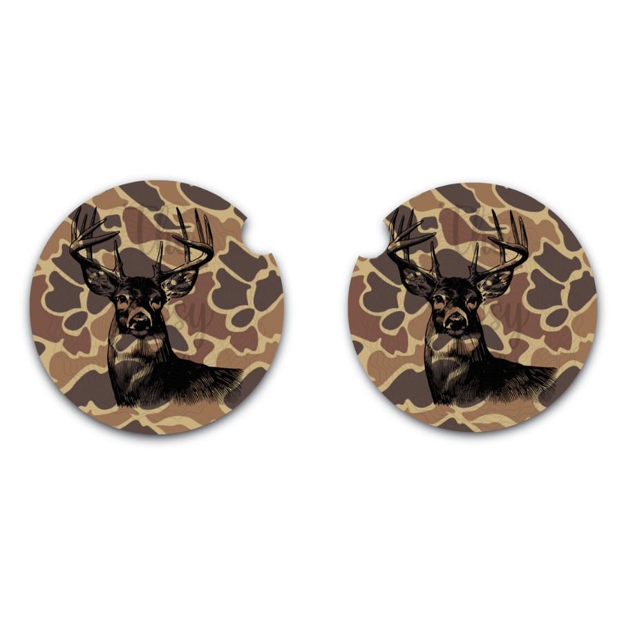 Old School Brown Camo Big Buck Car Coasters, Set of Two, Car Cup Holder