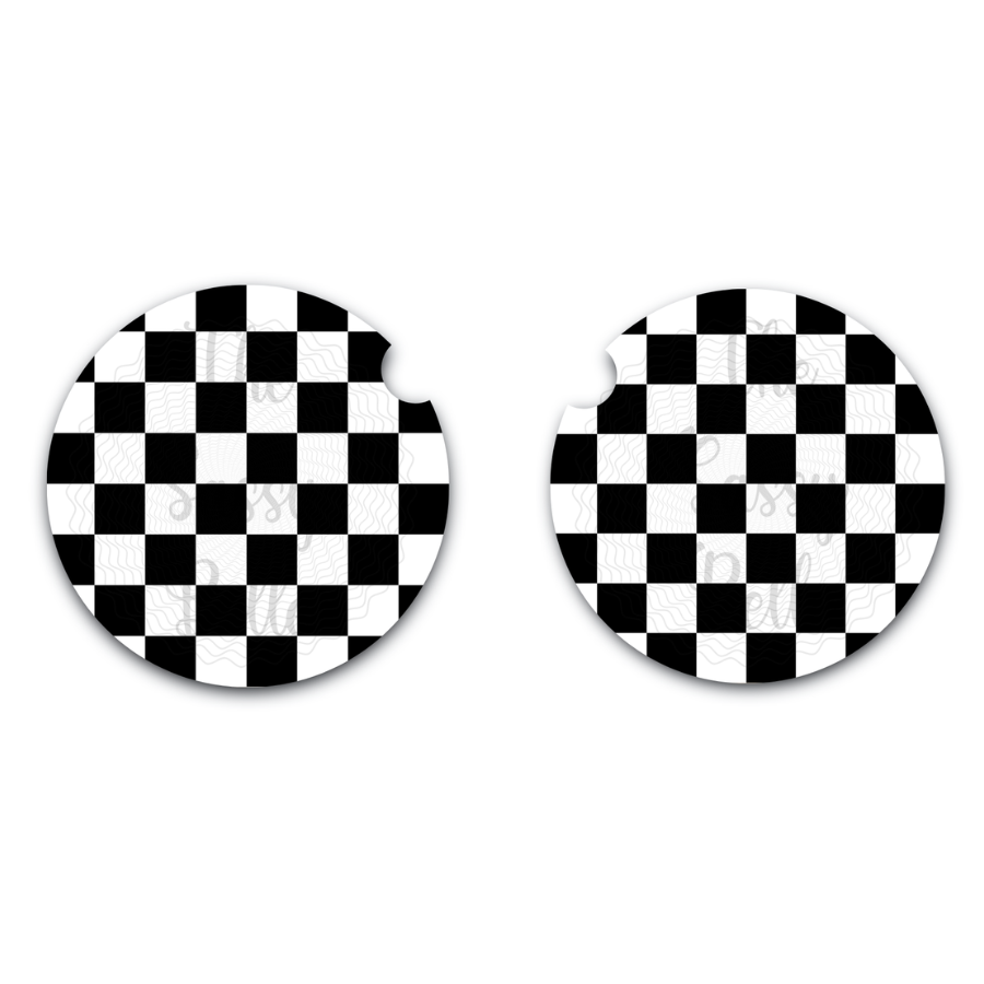 Checkered Black and White Neoprene Car Cup Coasters, New Car Gift