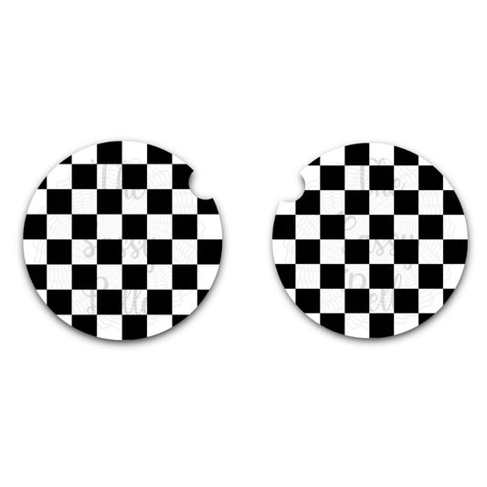 Checkered Black and White Neoprene Car Cup Coasters, New Car Gift