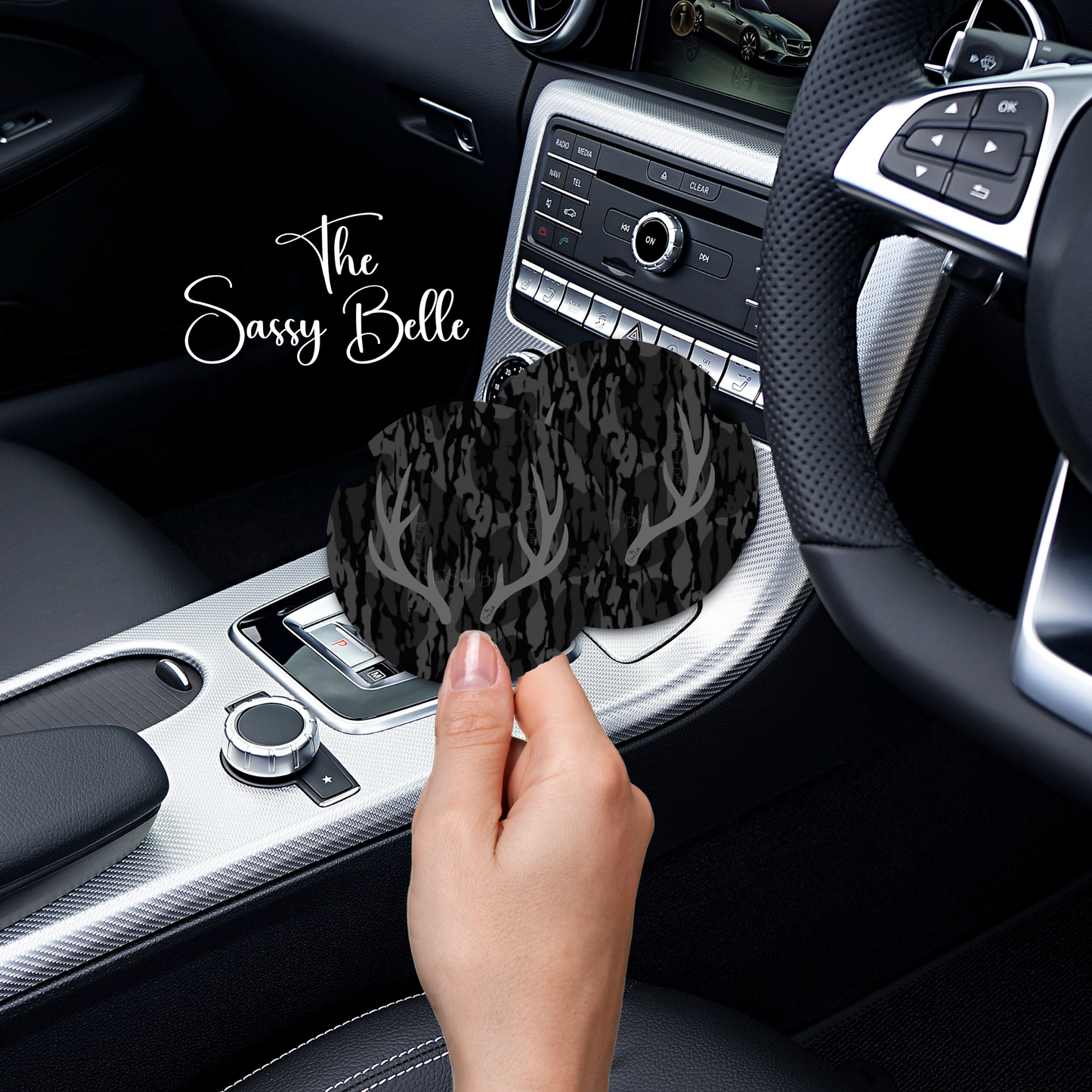 Blackout Bottomland Inspired Antler Car Coasters Set of 2 | Hunting Neoprene Cup Holder Coasters