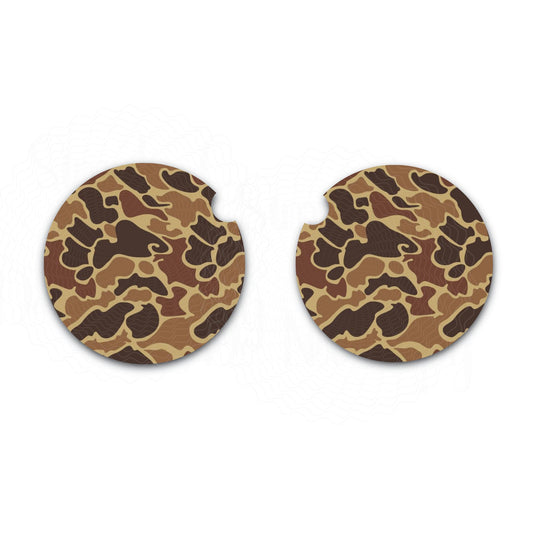 Old School Brown Camo Car Coasters, Set of Two, Car Cup Holder
