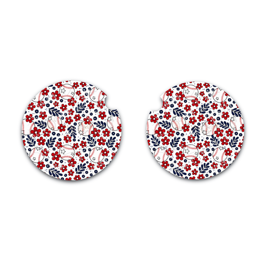 Floral Baseball Car Coasters | Baseball Mom Car Accessories | Softball Cup Holder Coasters | Cute Sports Car Decor Set of 2 | Neoprene Car Coasters