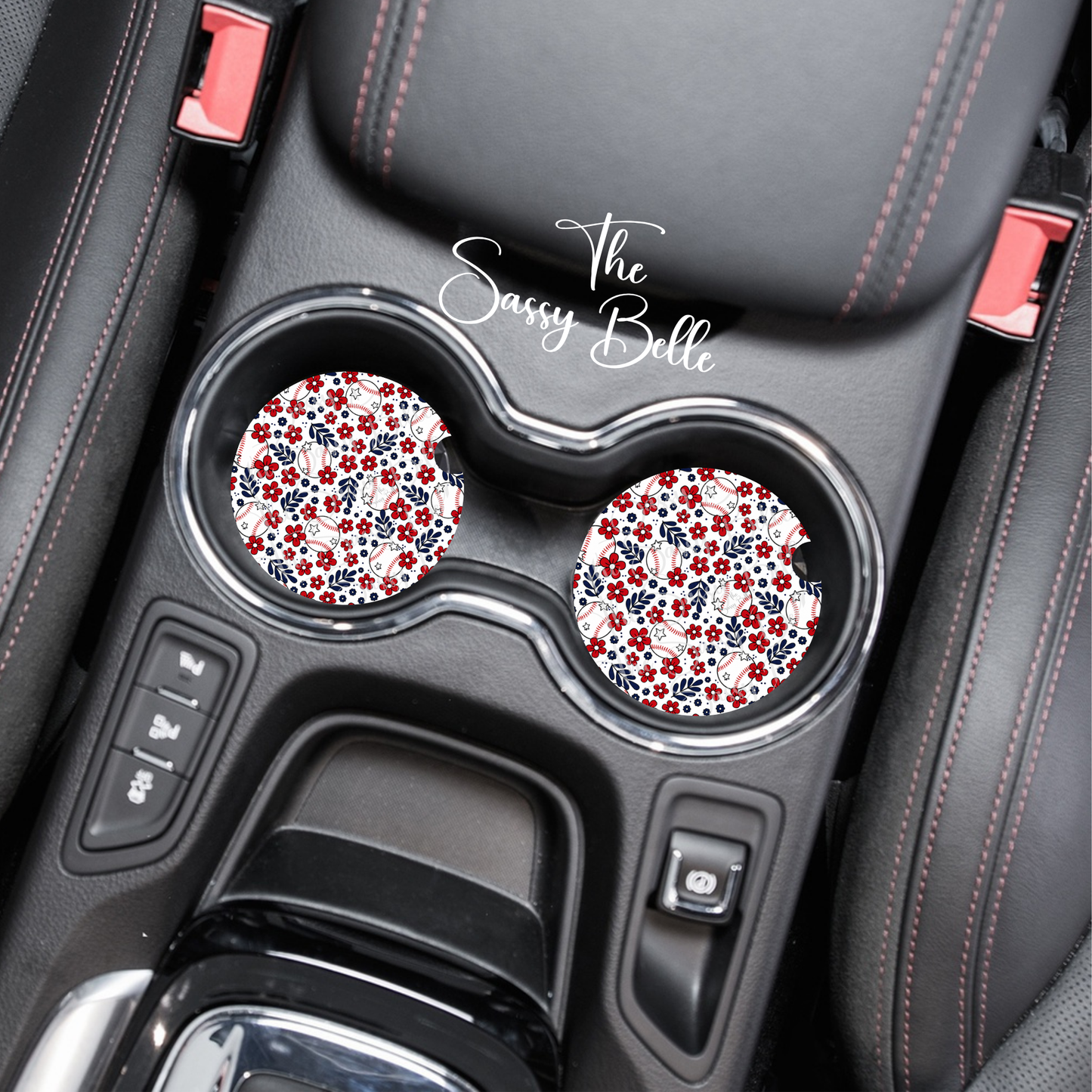 Floral Baseball Car Coasters | Baseball Mom Car Accessories | Softball Cup Holder Coasters | Cute Sports Car Decor Set of 2 | Neoprene Car Coasters