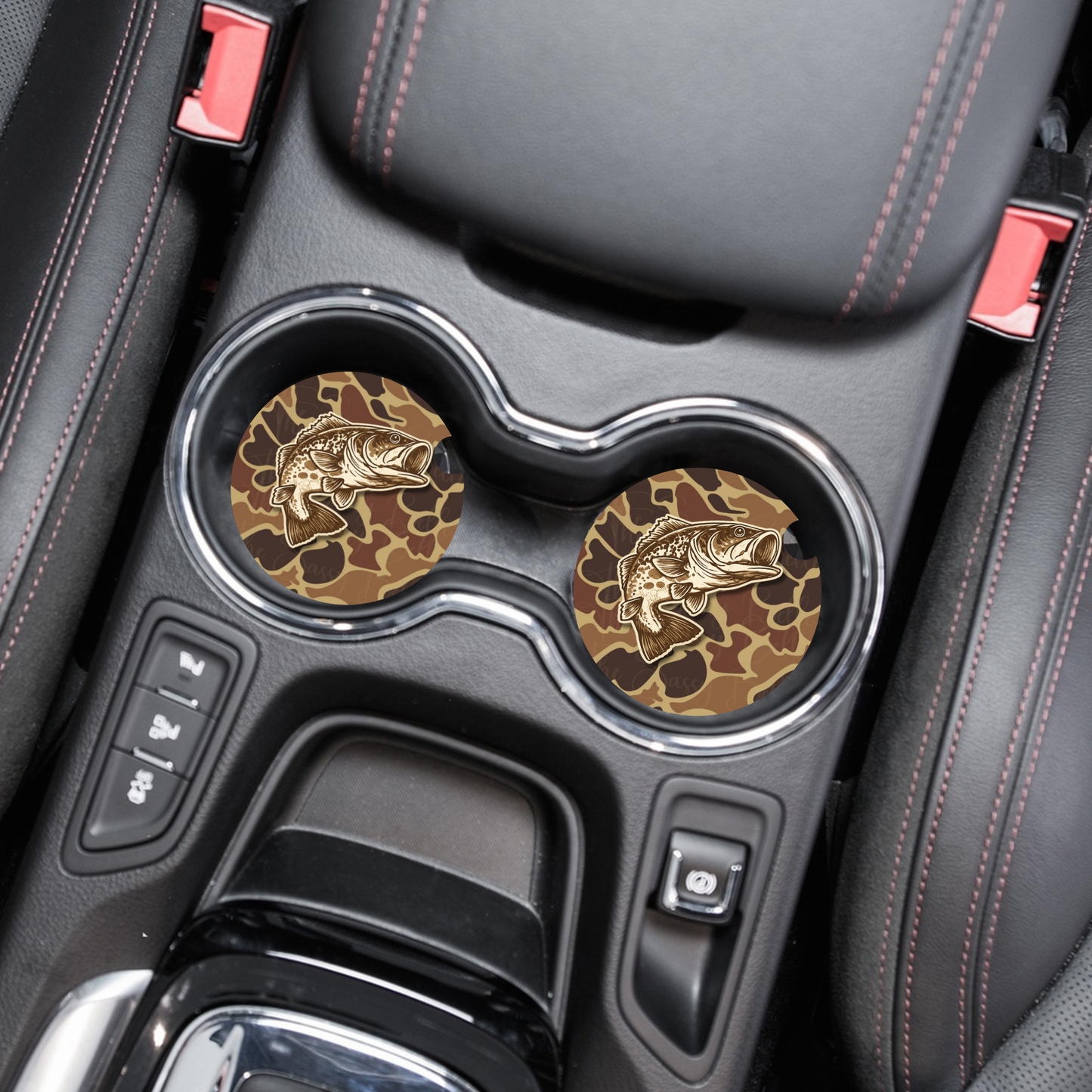 Bass Fishing Car Cup Holder Coasters, Brown Duck Camo Design, Soft Neoprene, 2.75 Inch, Set of 2