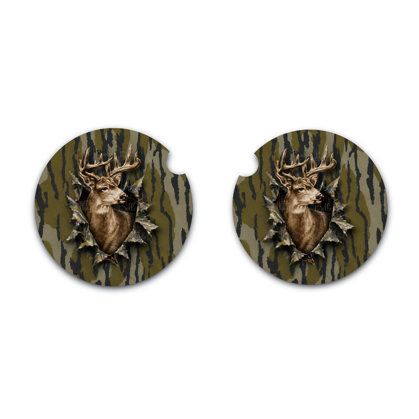 Trophy Buck Bottomland Inspired Camo Car Coasters Set of 2 | Whitetail Deer Hunting Accessories