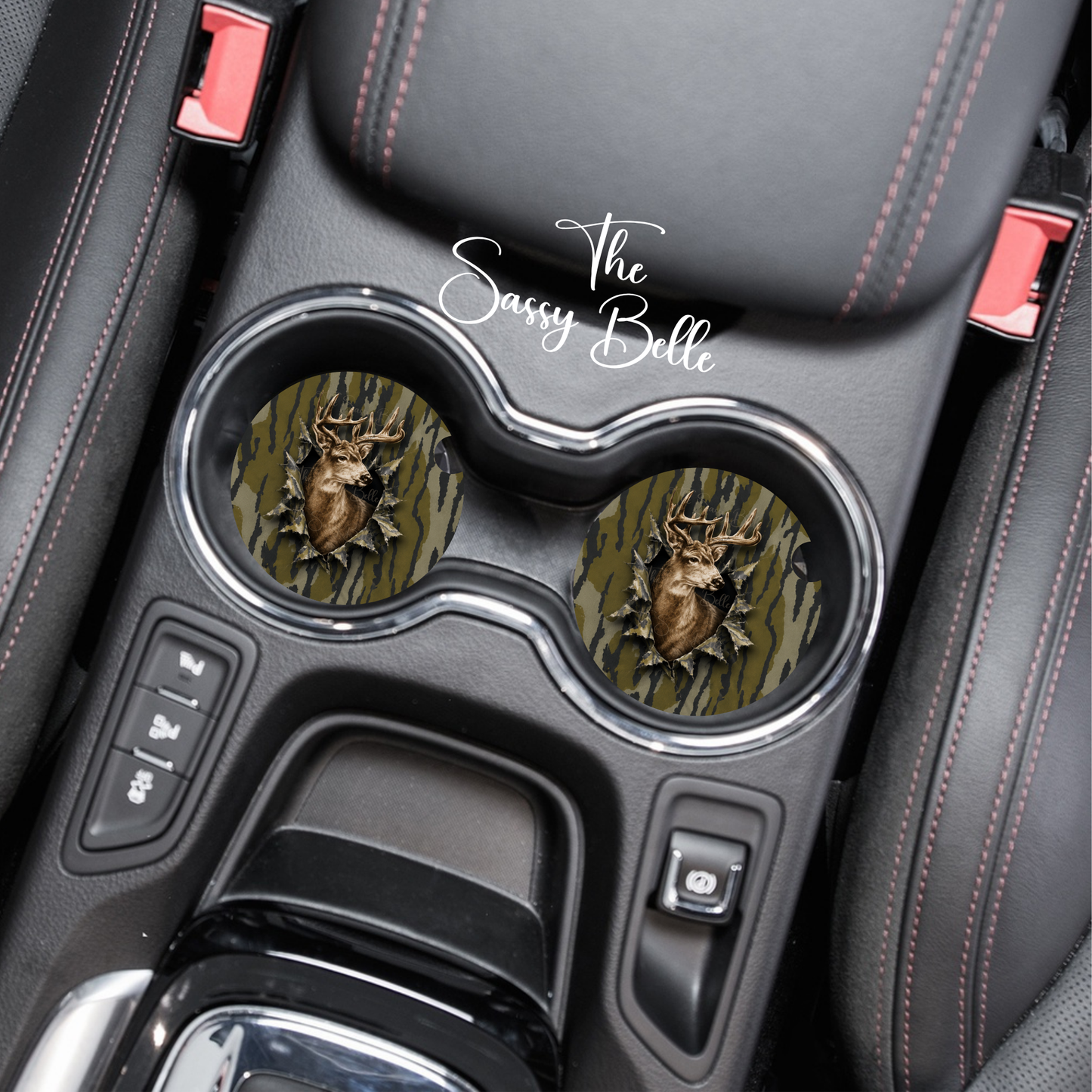 Trophy Buck Bottomland Inspired Camo Car Coasters Set of 2 | Whitetail Deer Hunting Accessories