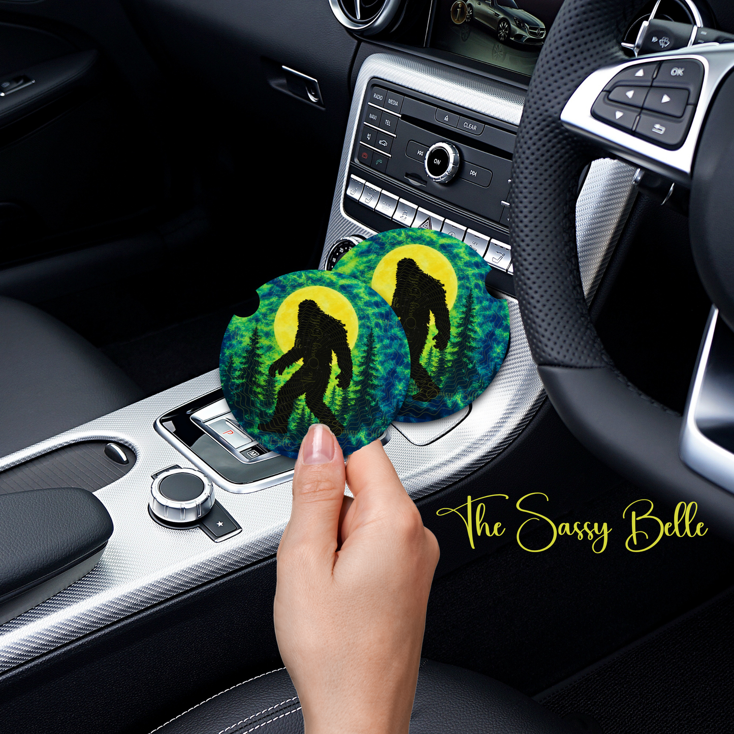 Big Foot Car Coasters, Soft and Flexible Neoprene Car Cup Inserts, Set of Two, Interior Auto Accessories, Big Foot Fan Gift