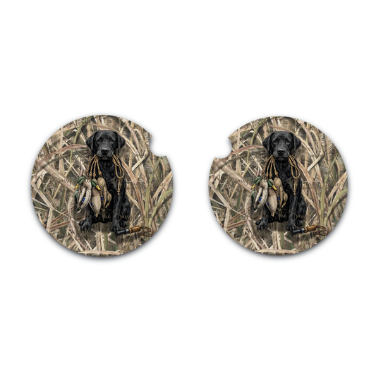 Black Lab Duck Hunting Car Coasters | Hunting Dog Cup Holder Coasters | Duck Hunter Vehicle Accessories | Set of Two