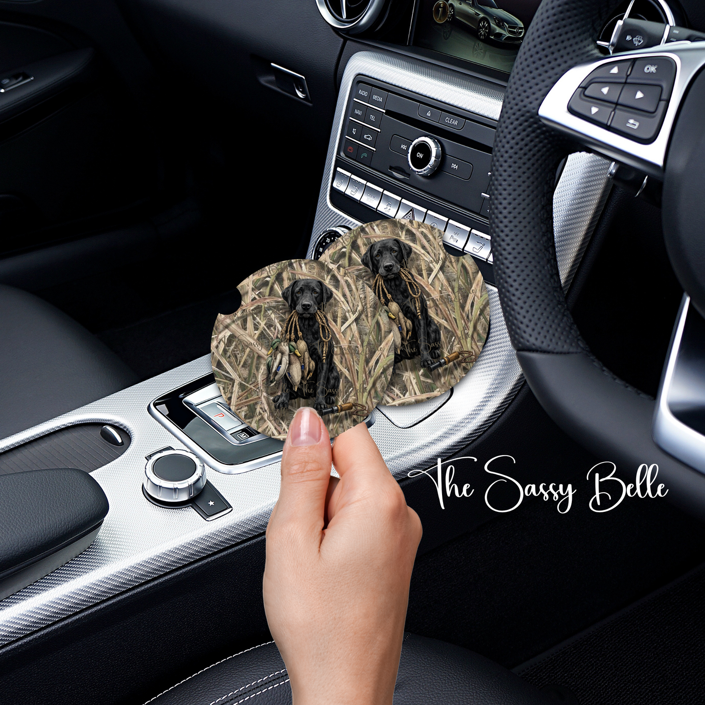 Black Lab Duck Hunting Car Coasters | Hunting Dog Cup Holder Coasters | Duck Hunter Vehicle Accessories | Set of Two