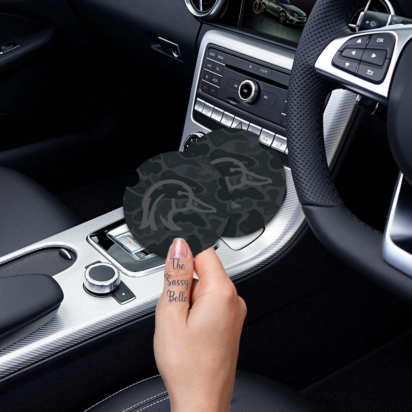 Black Old School Camo Wood Duck Car Coasters, Set of Two, Car Cup Holder, Soft and Flexible Neoprene Car Coasters, Auto Accessories, 2.75 Inches In Diameter