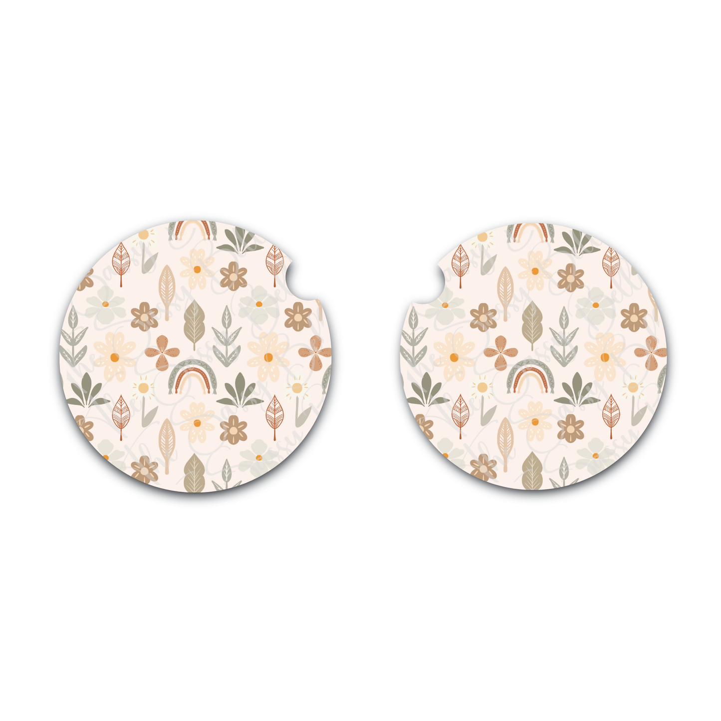 Boho Floral Neoprene Car Coasters Set of 2 | Neutral Wildflower & Retro Rainbow Cup Holder Coasters | Cute Car Accessories for Women