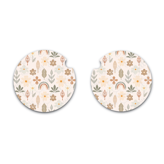 Boho Floral Neoprene Car Coasters Set of 2 | Neutral Wildflower & Retro Rainbow Cup Holder Coasters | Cute Car Accessories for Women
