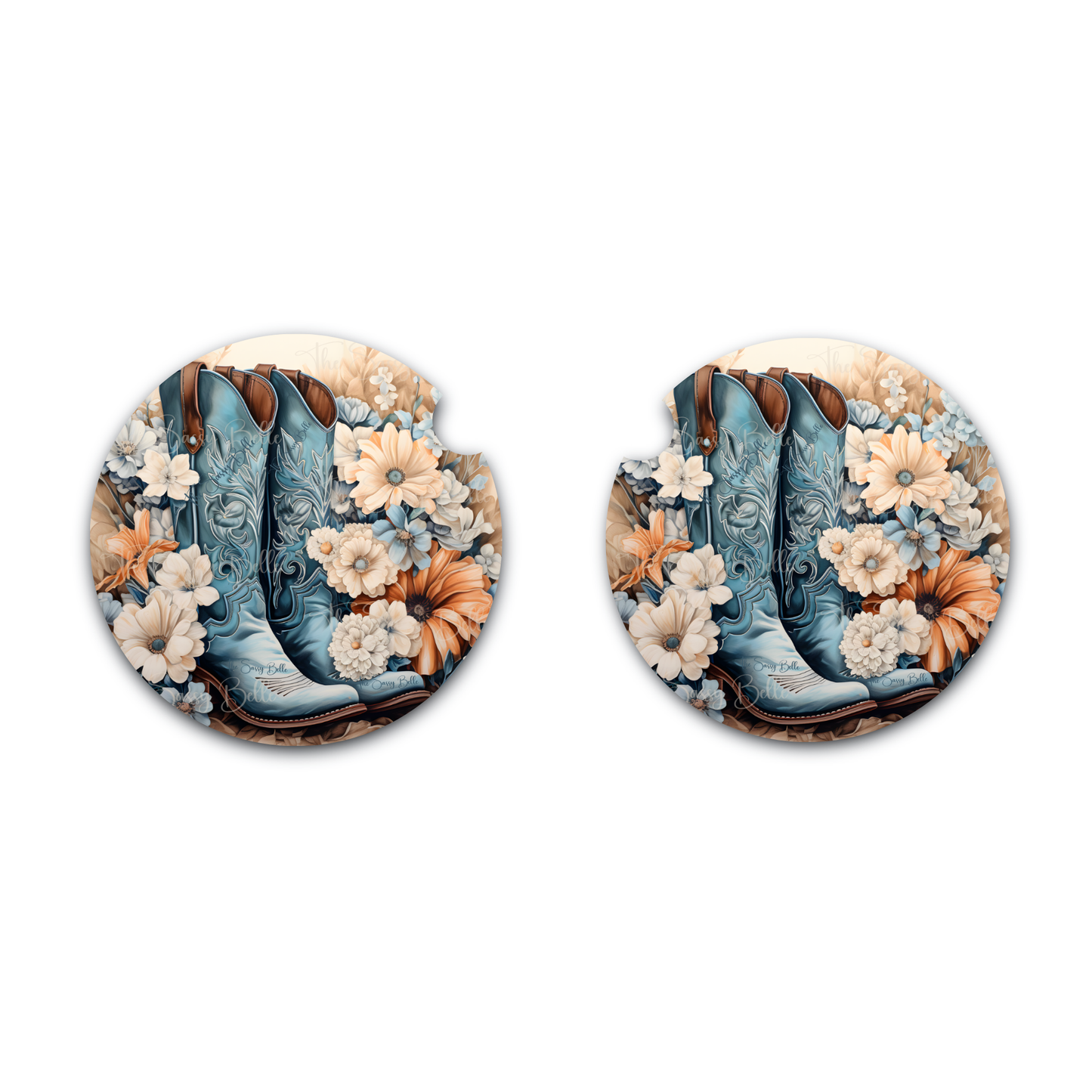 Floral Cowgirl Boots Car Coasters, Neoprene Car Coasters, Set of Two, Cowgirl Themed Gift, Interior Auto Accessories, Cute Car Decor
