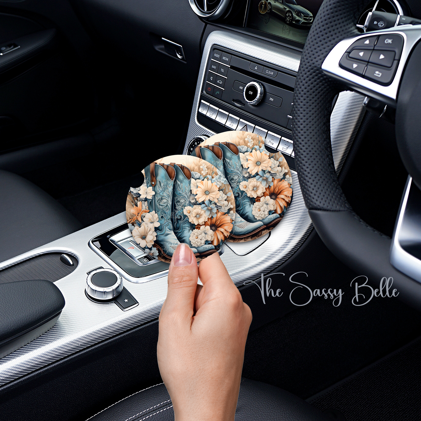 Floral Cowgirl Boots Car Coasters, Neoprene Car Coasters, Set of Two, Cowgirl Themed Gift, Interior Auto Accessories, Cute Car Decor
