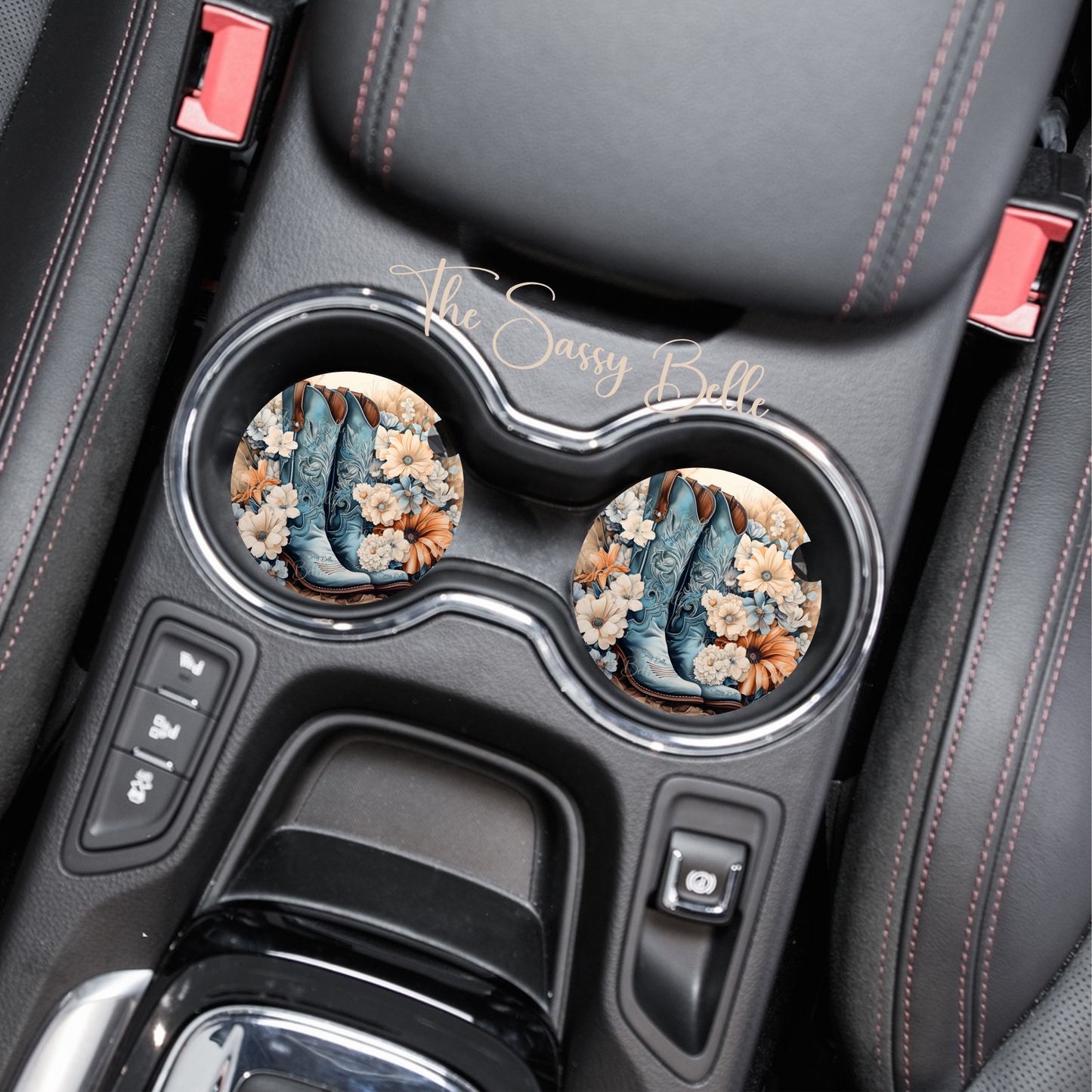 Floral Cowgirl Boots Car Coasters, Neoprene Car Coasters, Set of Two, Cowgirl Themed Gift, Interior Auto Accessories, Cute Car Decor