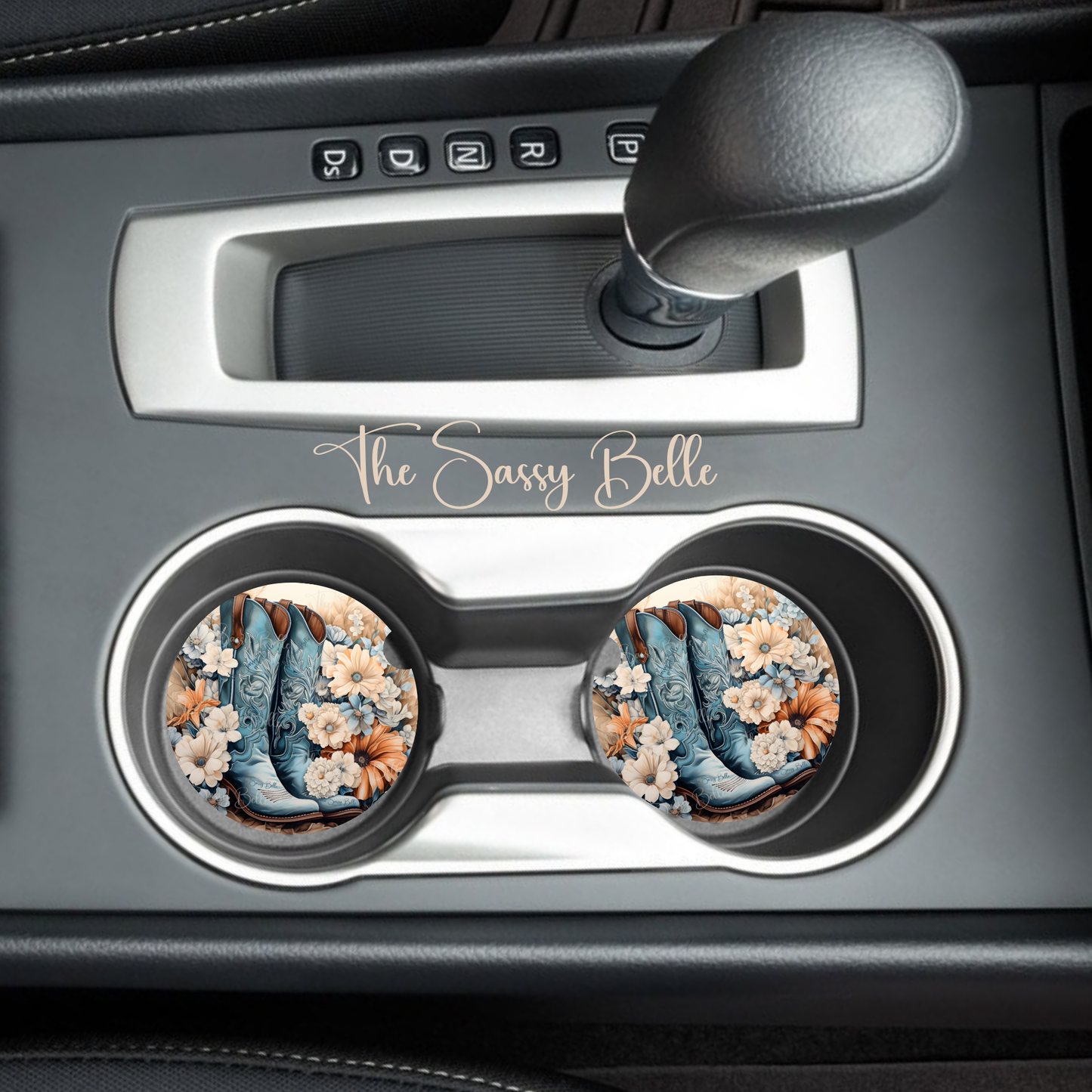 Floral Cowgirl Boots Car Coasters, Neoprene Car Coasters, Set of Two, Cowgirl Themed Gift, Interior Auto Accessories, Cute Car Decor