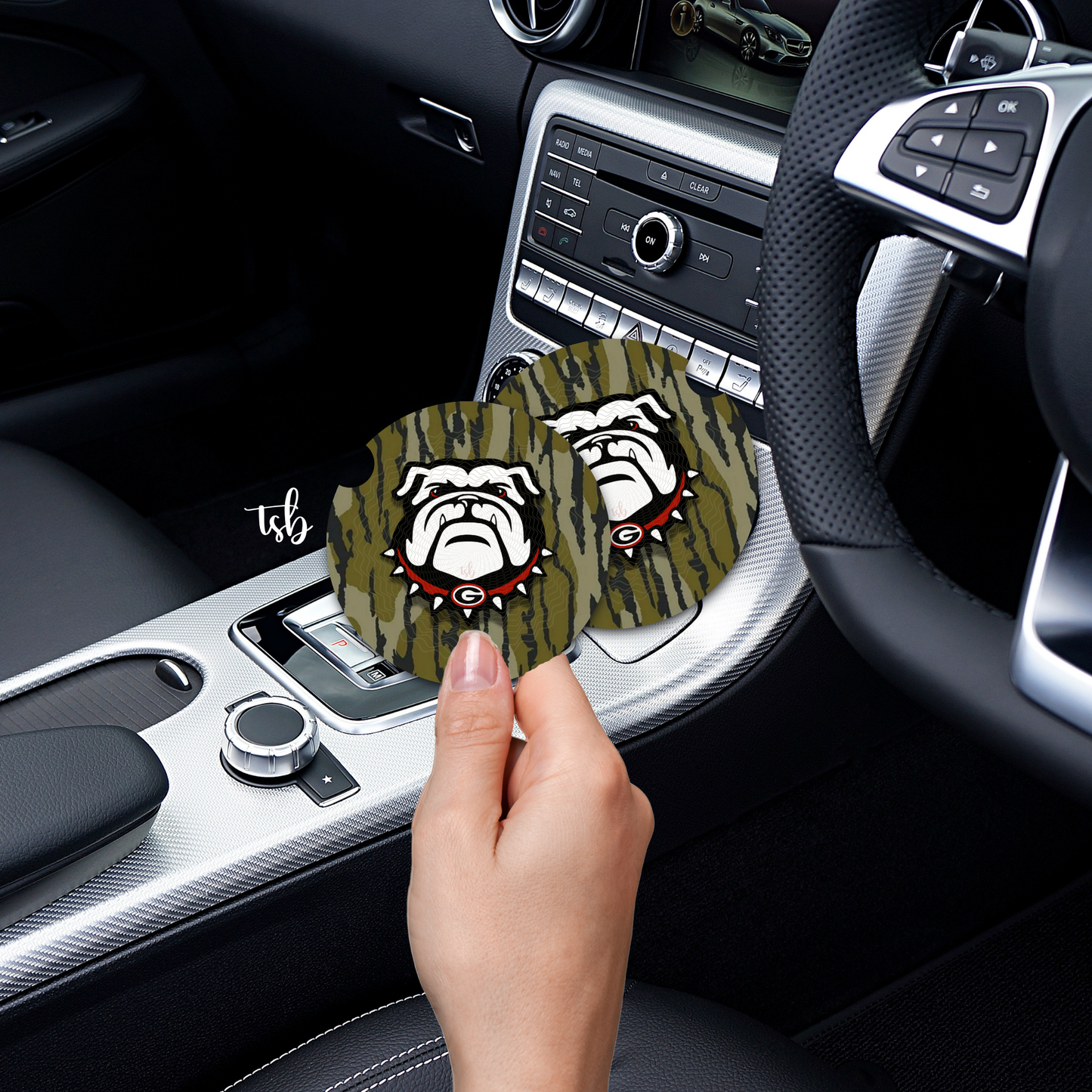 Bulldog Camo Car Coasters Set of 2 Neoprene Vehicle Cup Holder Inserts