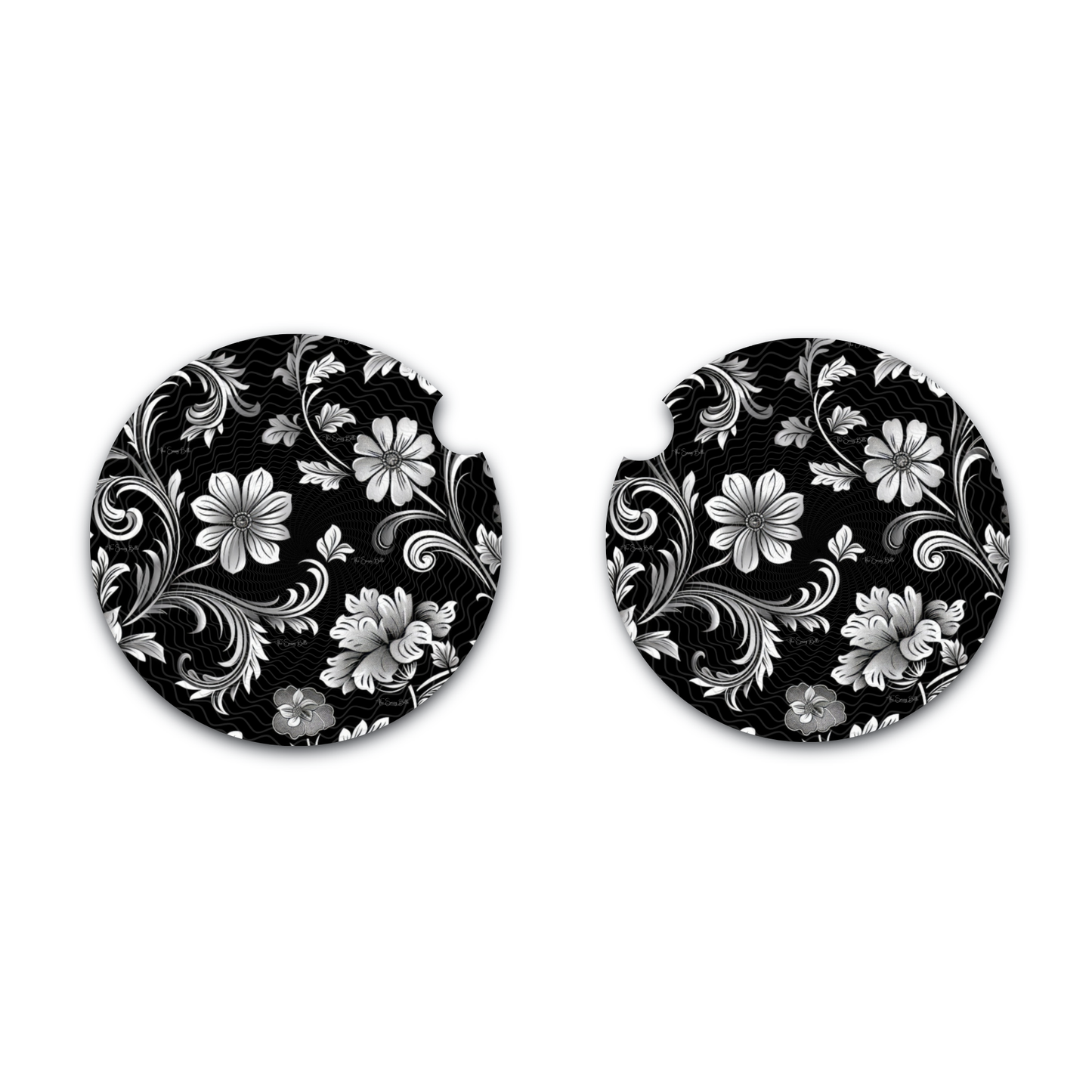 Floral Black and White Car Coasters, Cute Car Coasters,  Soft Neoprene Material, 2.75 Inch, Set of 2, New Car Gift, Interior Auto Accessories