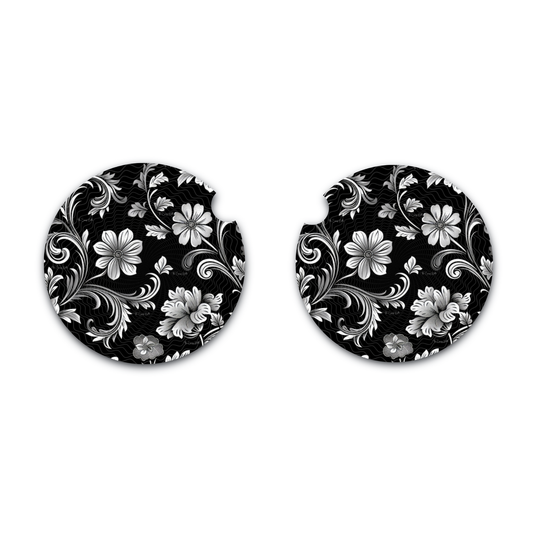 Floral Black and White Car Coasters, Cute Car Coasters,  Soft Neoprene Material, 2.75 Inch, Set of 2, New Car Gift, Interior Auto Accessories