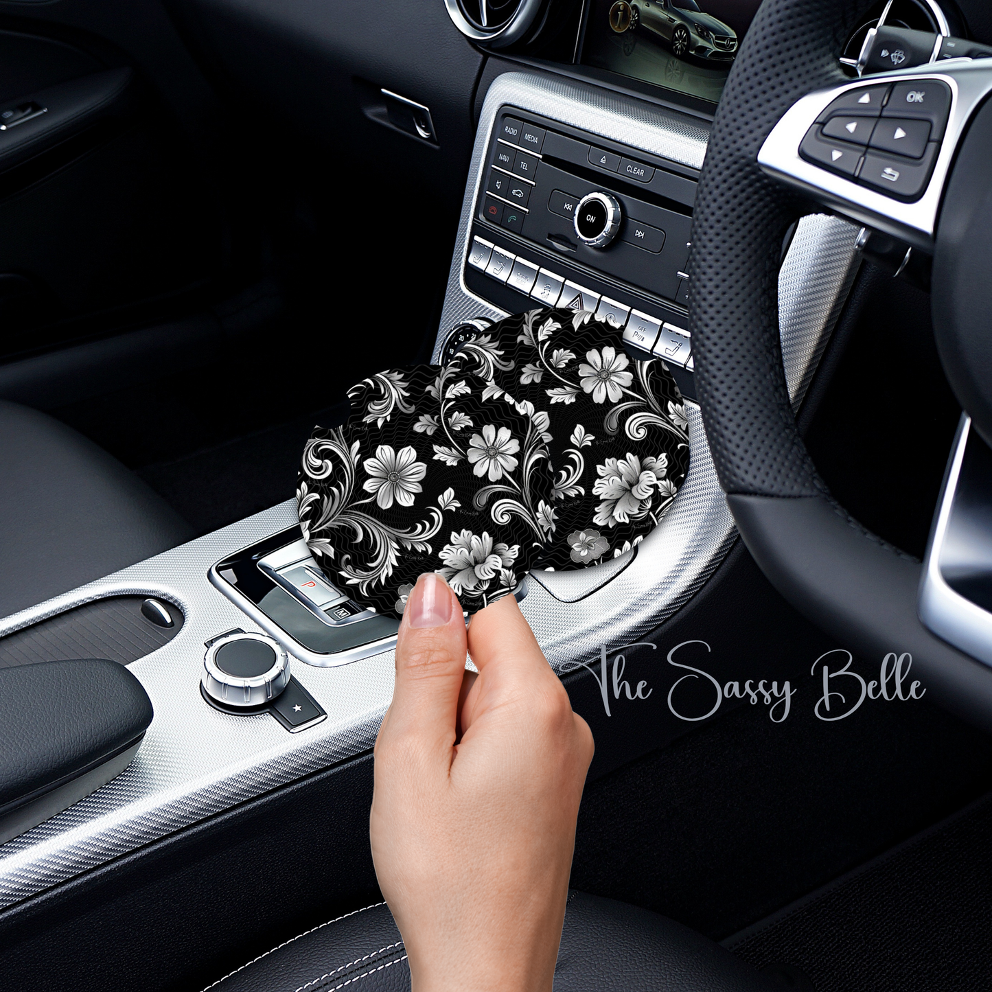Floral Black and White Car Coasters, Cute Car Coasters,  Soft Neoprene Material, 2.75 Inch, Set of 2, New Car Gift, Interior Auto Accessories