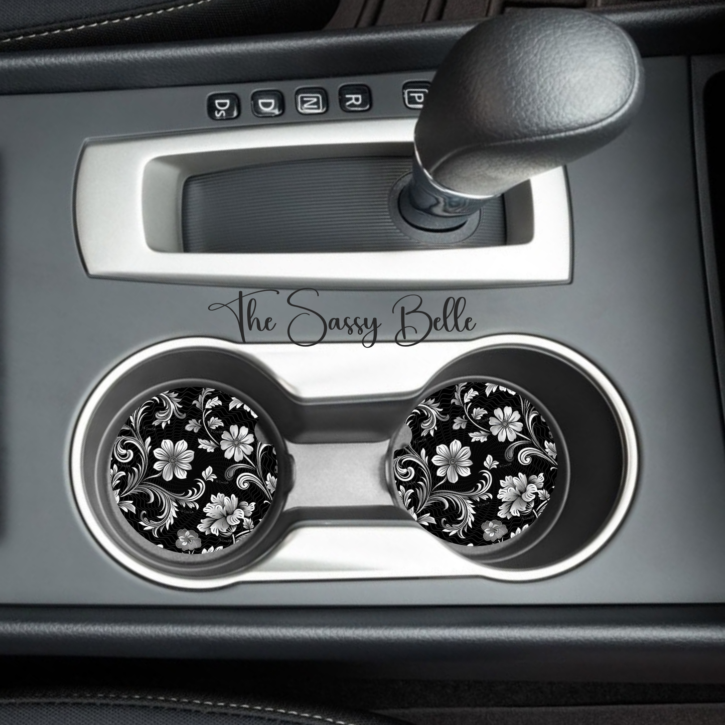 Floral Black and White Car Coasters, Cute Car Coasters,  Soft Neoprene Material, 2.75 Inch, Set of 2, New Car Gift, Interior Auto Accessories