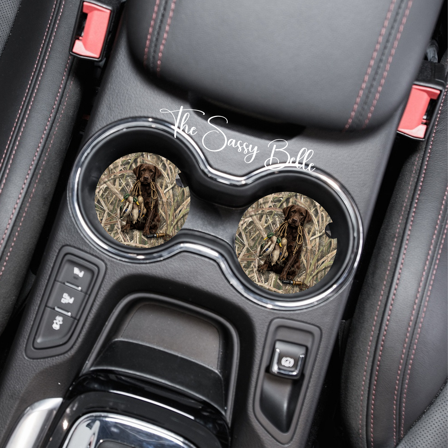Chocolate Lab Duck Hunting Car Coasters | Hunting Dog Cup Holder Coasters | Duck Hunter Vehicle Accessories | Set of Two (Copy)
