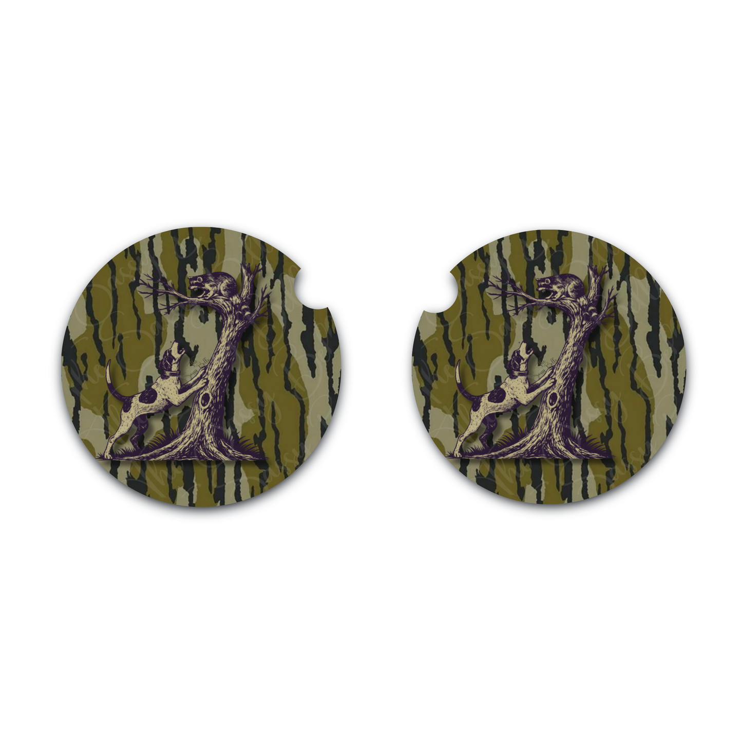 Coonhound Hunting Neoprene Car Coasters Set of 2 | Raccoon Bottomland Inspired Camo Cup Holder Coasters | Hunter Gift for Truck & SUV