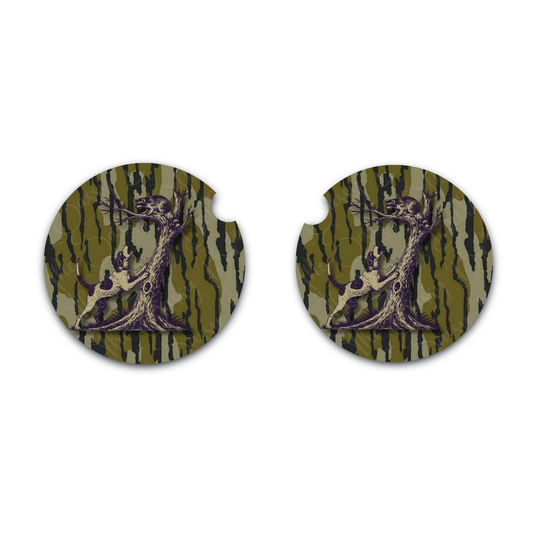 Coonhound Hunting Neoprene Car Coasters Set of 2 | Raccoon Bottomland Inspired Camo Cup Holder Coasters | Hunter Gift for Truck & SUV