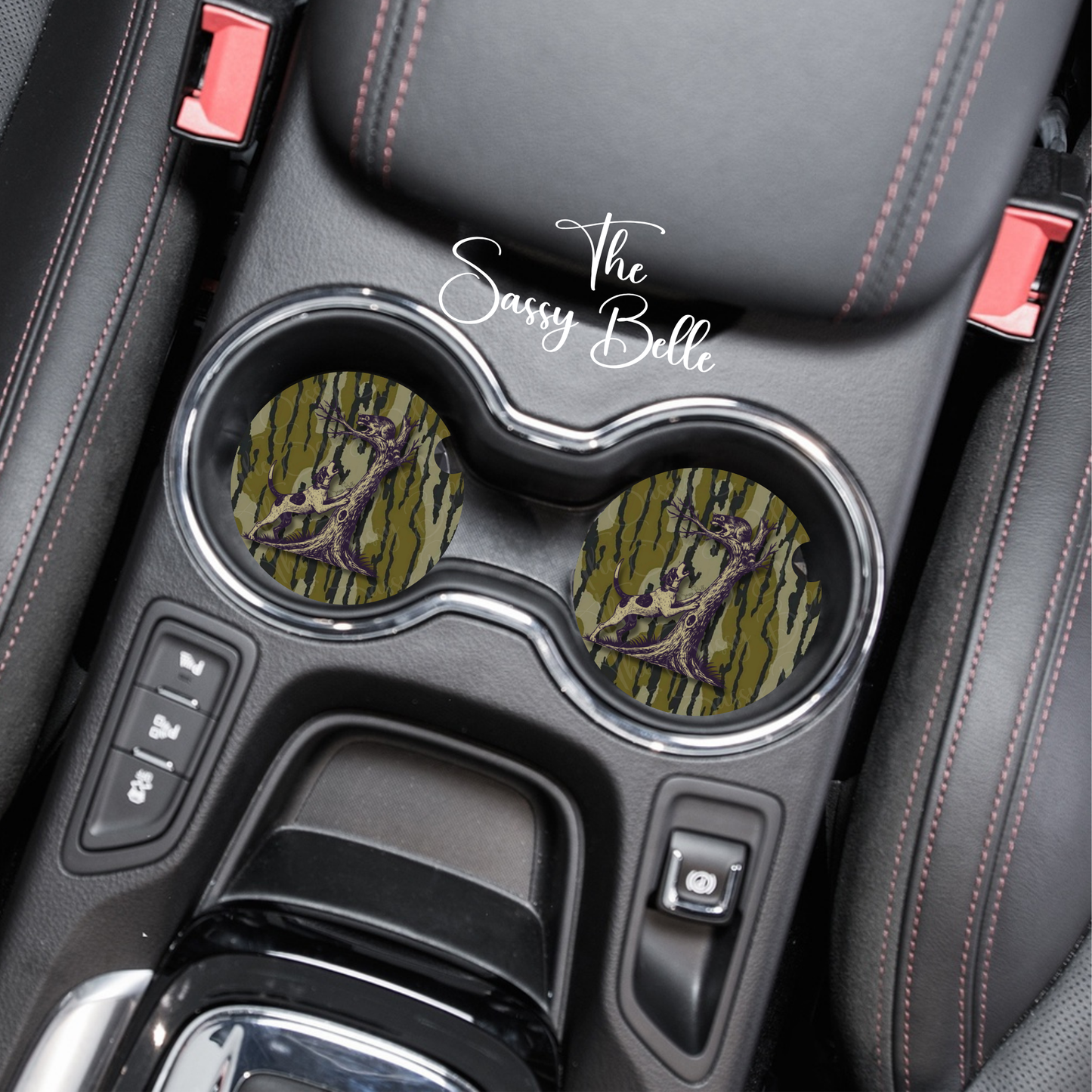 Coonhound Hunting Neoprene Car Coasters Set of 2 | Raccoon Bottomland Inspired Camo Cup Holder Coasters | Hunter Gift for Truck & SUV