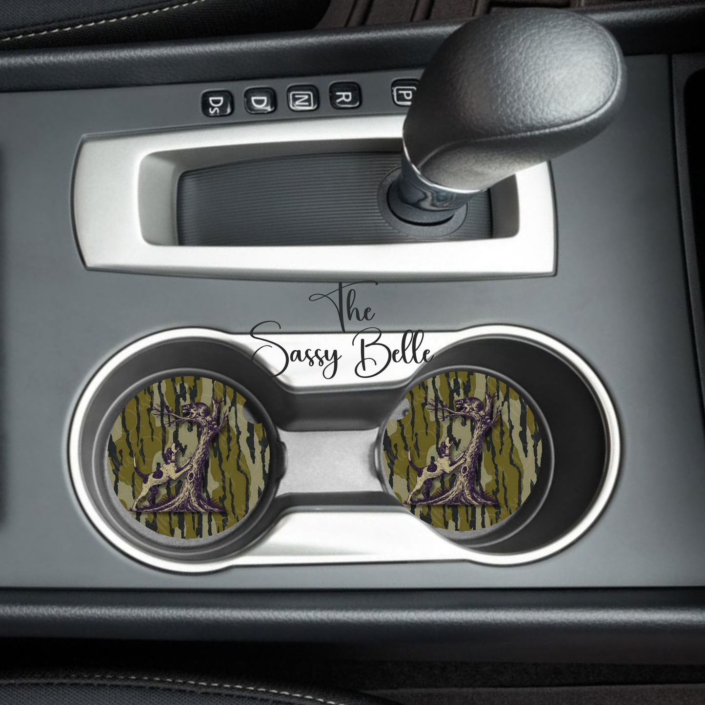 Coonhound Hunting Neoprene Car Coasters Set of 2 | Raccoon Bottomland Inspired Camo Cup Holder Coasters | Hunter Gift for Truck & SUV