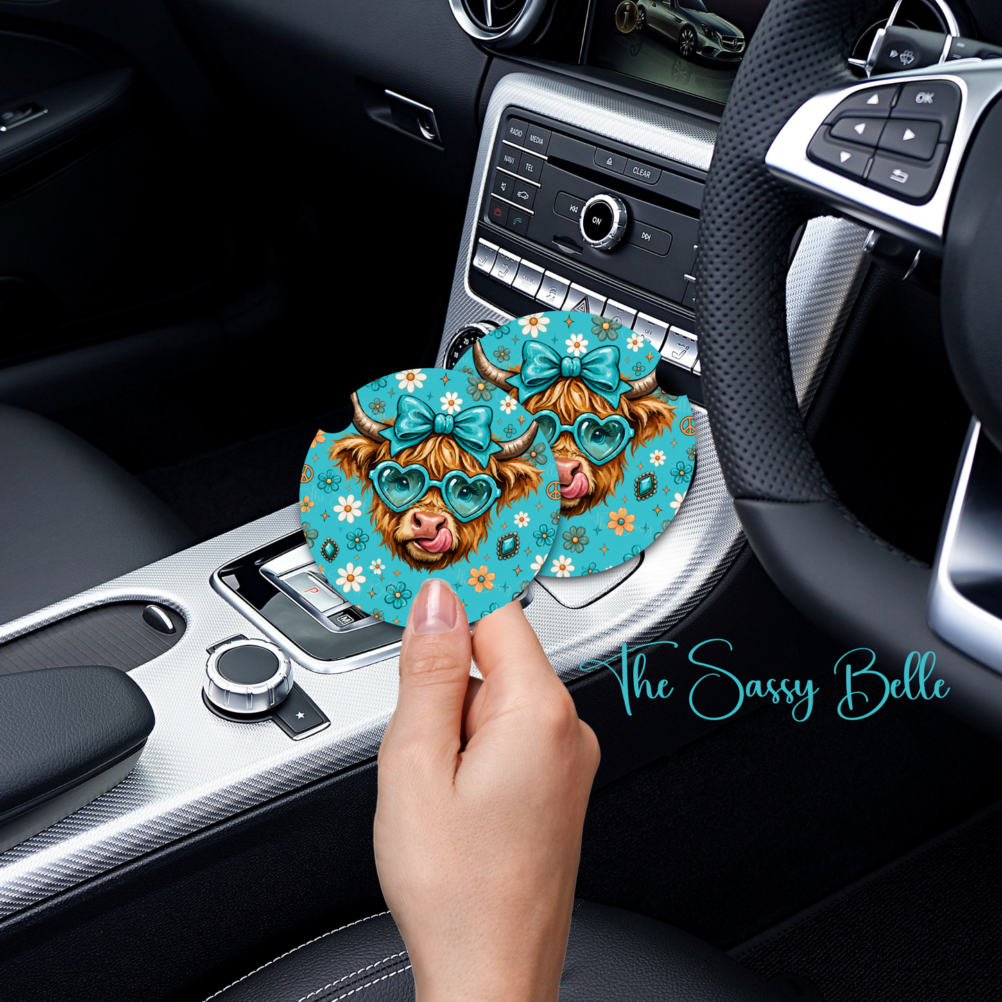 Cute Highland Cow Car Coasters, Neoprene Car Coasters, Set of Two, Cute Car Accessories, Interior Auto Accessory, Gift for Driver