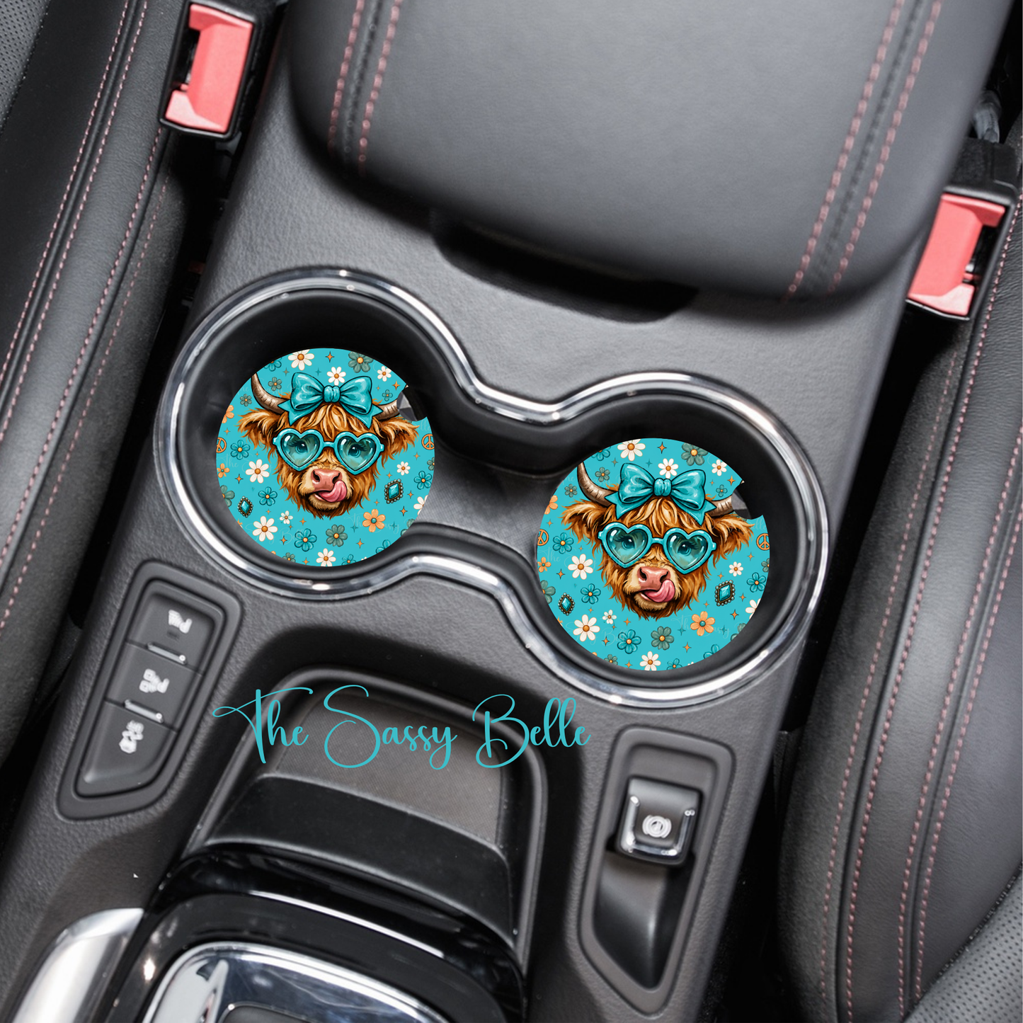 Cute Highland Cow Car Coasters, Neoprene Car Coasters, Set of Two, Cute Car Accessories, Interior Auto Accessory, Gift for Driver