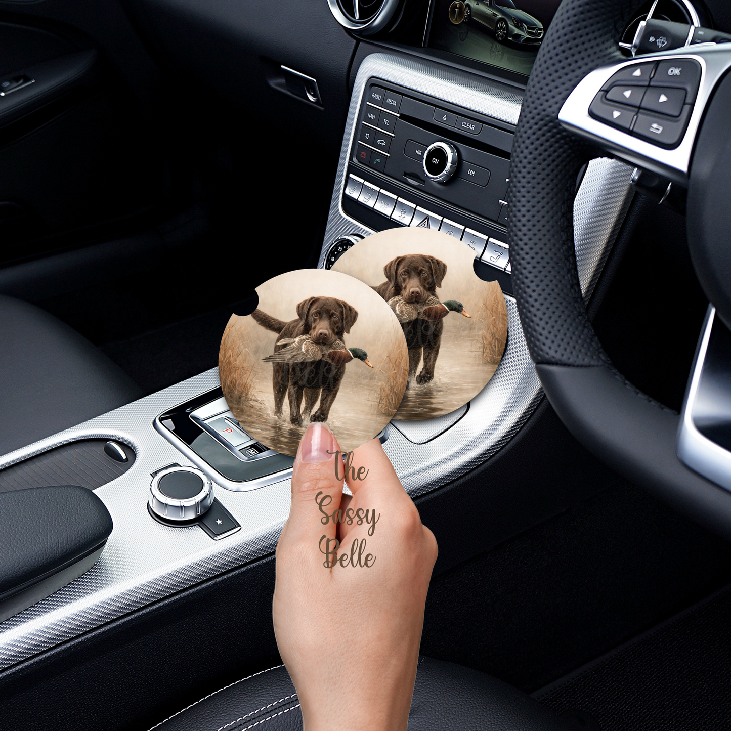 Chocolate Lab Duck Hunting Car Coasters, Soft and Flexible Neoprene Coasters, Interior Auto Accessories, Duck Hunter Gift
