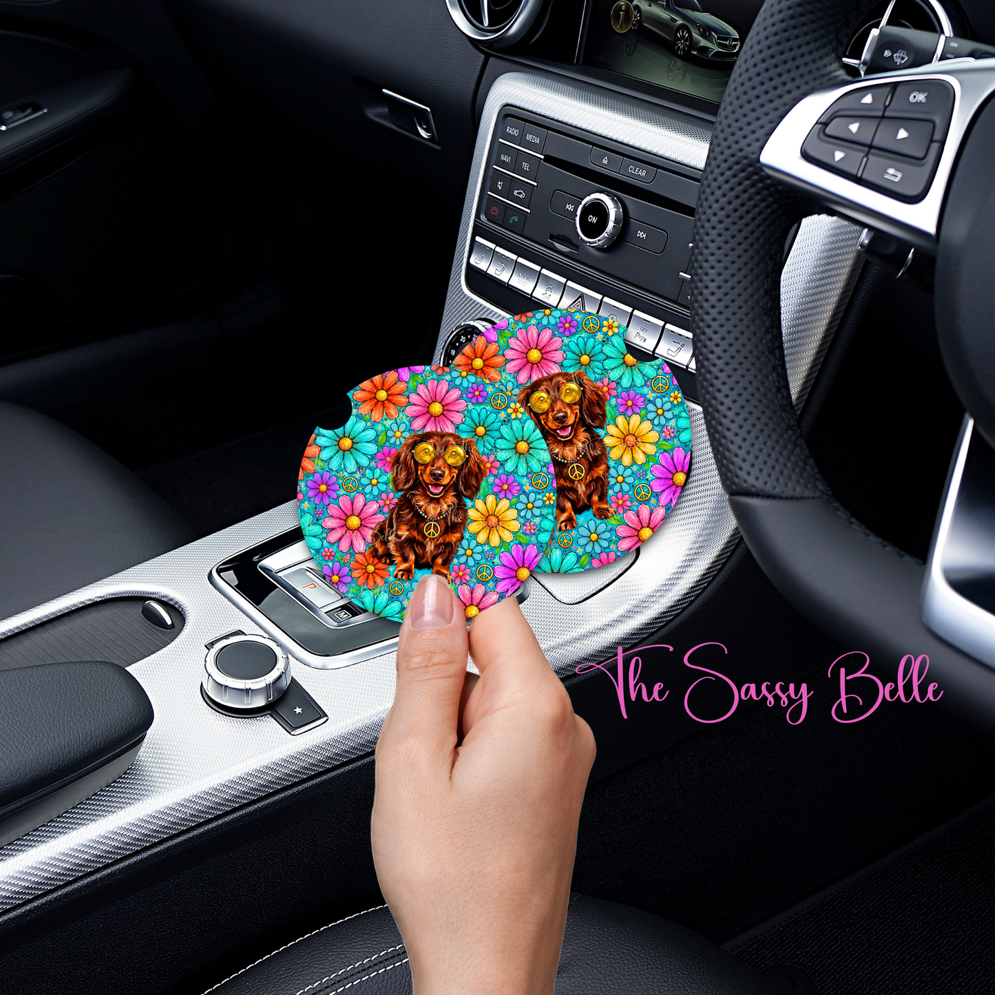 Cool Dachshund Car Coasters Set of 2 | Wiener Dog Neoprene Cup Holder Coasters