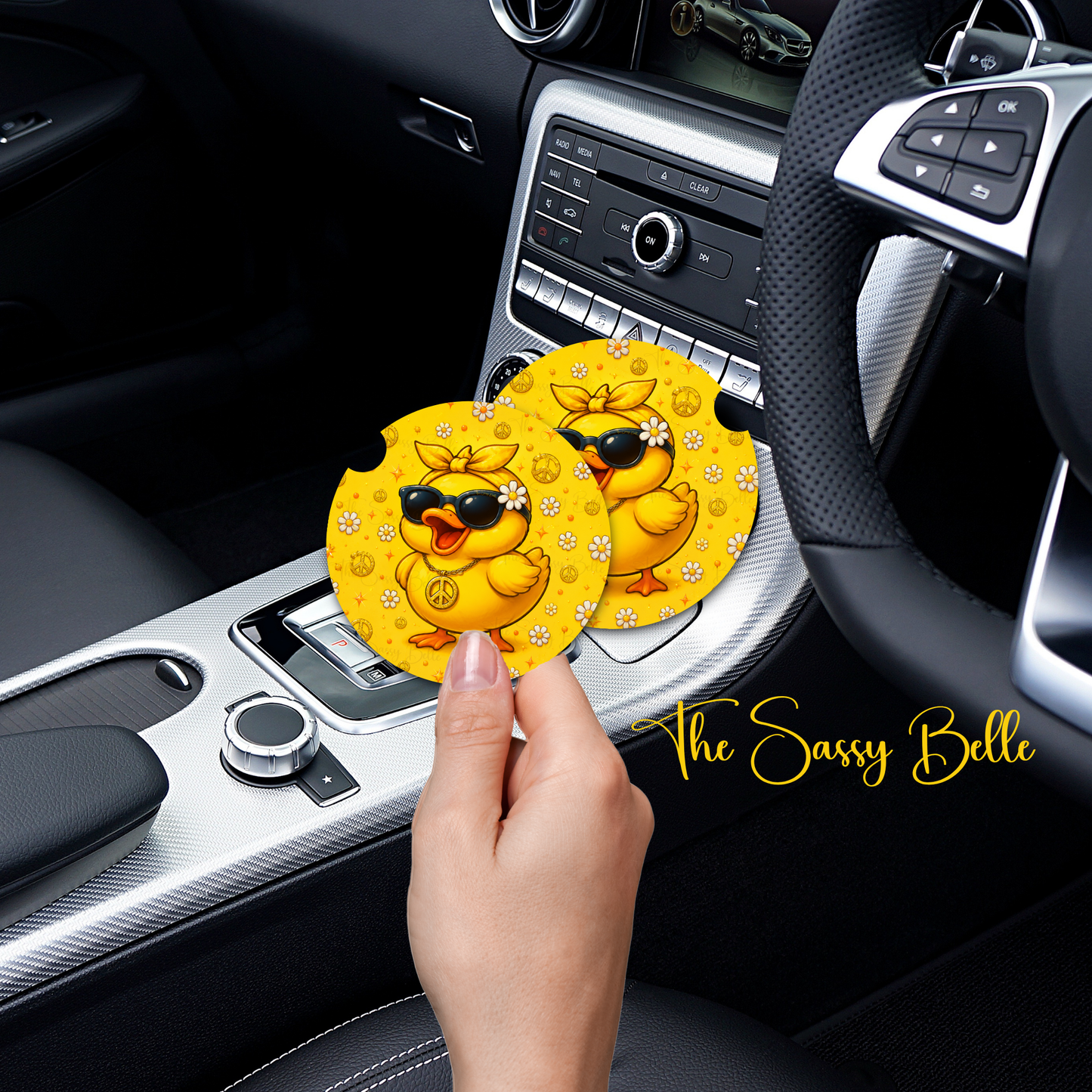 Peace Out Duck Car Coaster, Neoprene Car Coasters, Set of Two, Duck Car Cup Insert, Cute Auto Gift, Interior Auto Accessories
