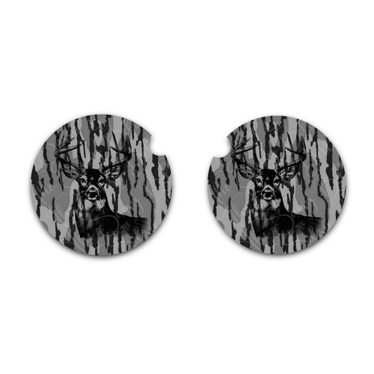 Grey Bottomland Inspired Camo Big Buck Neoprene Car Coasters, Set of Two, Car Cup Inserts, Auto Accessories, Camo Car Coasters