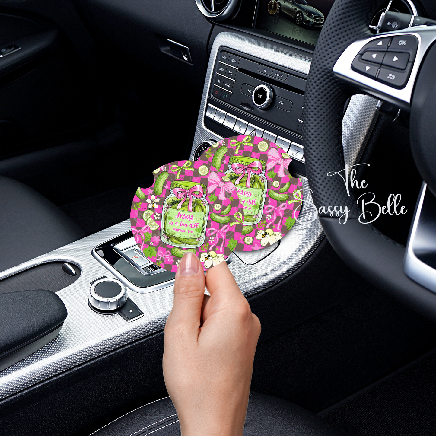 Jesus is a Big Dill, Christian Car Coaster, Neoprene Car Cup Holder, Set of Two, Interior Auto Accessories