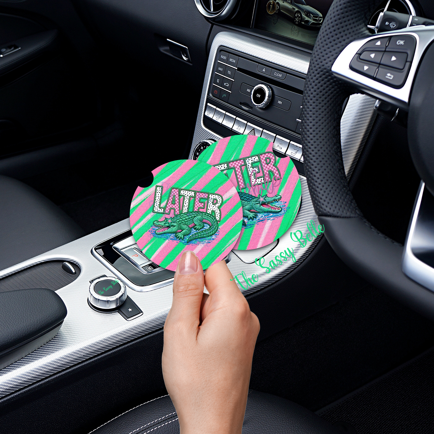 Later Gator AFter While Crocodile Car Coasters, Funny Car Accessories, Neoprene Car Coasters Set of Two, Trendy Car Decor