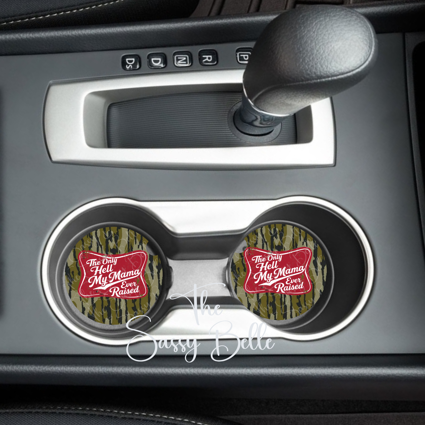 The Only Hell My Mama Ever Raised Neoprene Car Coasters Set of 2 | Country Camo Bottomland Inspired Truck Cup Holder Coasters | Soft 2.75" Car Accessories