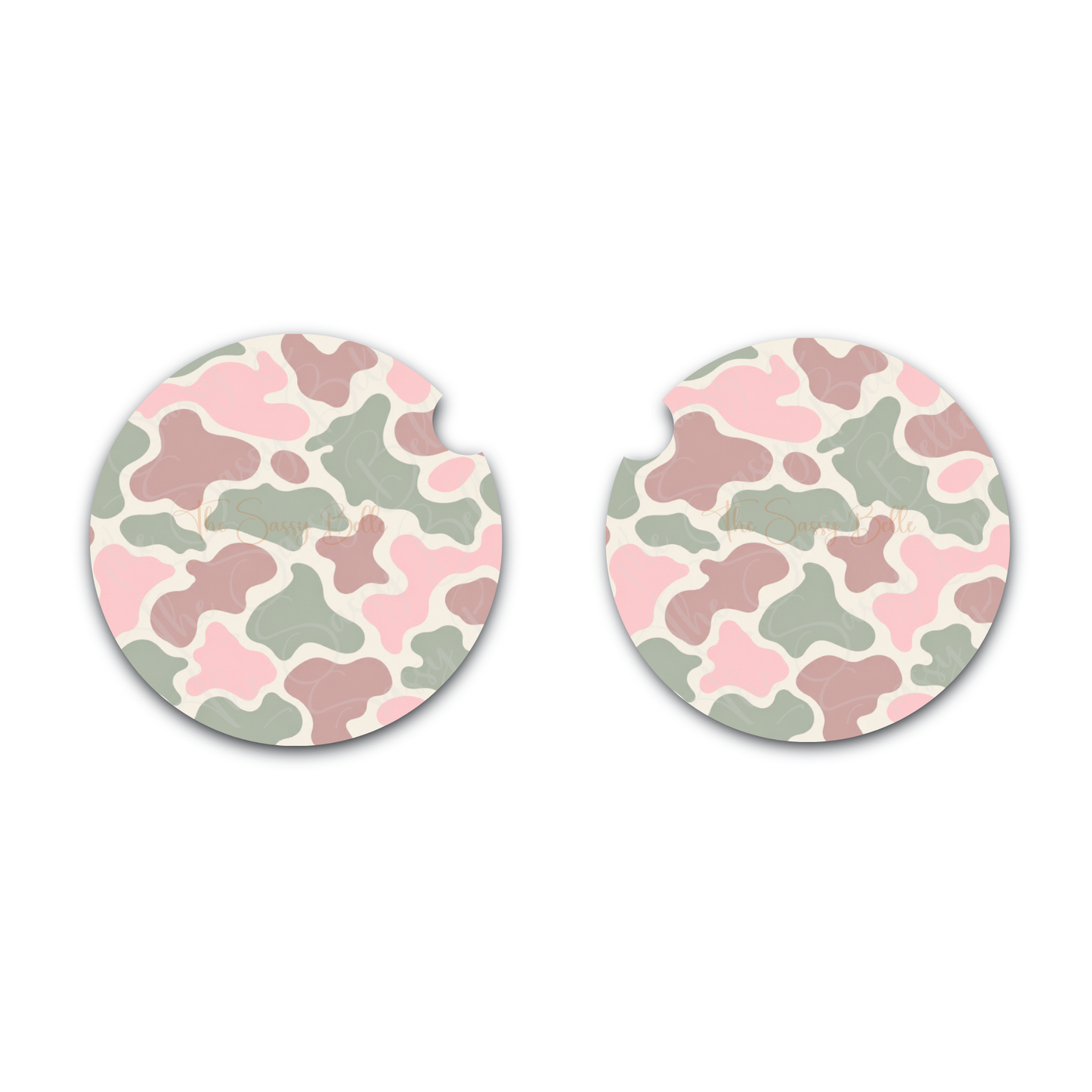 Pink & Sage Camo Car Coasters Set of 2 – Neoprene Cup Holder Coasters, Cute Camouflage Car Accessories for Women