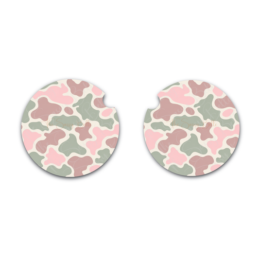 Pink & Sage Camo Car Coasters Set of 2 – Neoprene Cup Holder Coasters, Cute Camouflage Car Accessories for Women